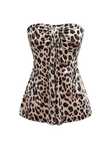 GORGLITTER Damen Y2K Top Bandeau Tops Leopardenmuster Oberteile Ärmelloses Sommertop Schulterfreies Partytop Festival Trägerloses Freizeittop Leo S von GORGLITTER