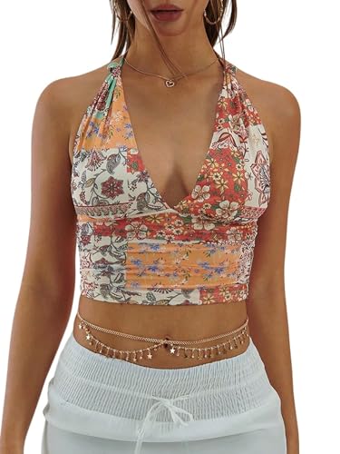 GORGLITTER Damen Y2K Top Neckholder Croptop Bauchfreies Oberteil Boho Sommertop Rückenfreies Trägertop Ärmelloses Trägershirt Freizeittop Gelb L von GORGLITTER