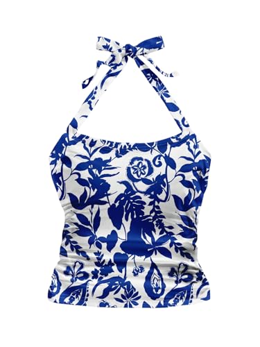 GORGLITTER Damen Y2K Top Neckholder Sommertop Bauchfreies Oberteil Geblümt Rückenfreie Tops Ärmelloses Trägertop Freizeittop Trägerhemd Blau XL von GORGLITTER