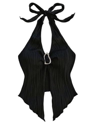 GORGLITTER Damen Y2K Top Neckholder Sommertop Bauchfreies Oberteile Sommer Ärmellose Trägertop Rückenfreies Partytop Festival Outfits Casualtop Schwarz XS von GORGLITTER