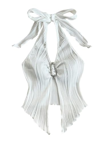 GORGLITTER Damen Y2K Top Neckholder Sommertop Bauchfreies Oberteile Sommer Ärmellose Trägertop Rückenfreies Partytop Festival Outfits Casualtop Weiß M von GORGLITTER