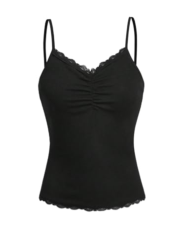 GORGLITTER Damen Y2K Top Sommer Camisole Tops mit Spitze Ärmelloses Trägertop Rückenfreies Oberteil Sommertop Wellensaum Camitop Casual Spitzentop Schwarz M von GORGLITTER