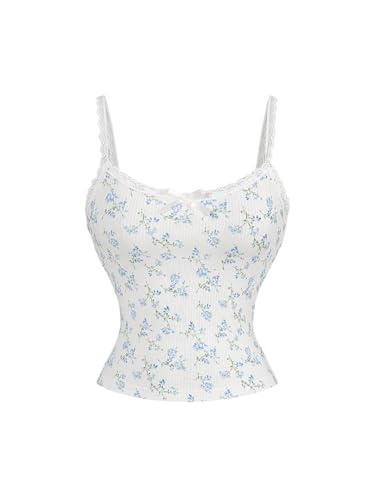 GORGLITTER Damen Y2k Camisole Spaghettiträger Tops Crop Top Blumen Oberteil mit Kontrast Spitze Sommertop Blau und Weiß M von GORGLITTER