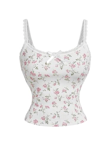 GORGLITTER Damen Y2k Camisole Spaghettiträger Tops Crop Top Blumen Oberteil mit Kontrast Spitze Sommertop Rosa und Weiß S von GORGLITTER