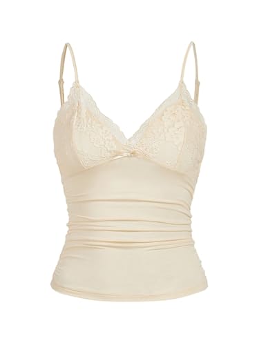 GORGLITTER Damen Y2k Camisole Spaghettiträger Tops Crop Top V-Ausschnitt Oberteil mit Kontrast Spitze Aprikosenfarben XS von GORGLITTER