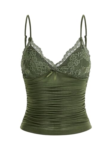 GORGLITTER Damen Y2k Camisole Spaghettiträger Tops Crop Top V-Ausschnitt Oberteil mit Kontrast Spitze Armeegrün XS von GORGLITTER