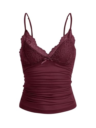 GORGLITTER Damen Y2k Camisole Spaghettiträger Tops Crop Top V-Ausschnitt Oberteil mit Kontrast Spitze Bordeaux M von GORGLITTER