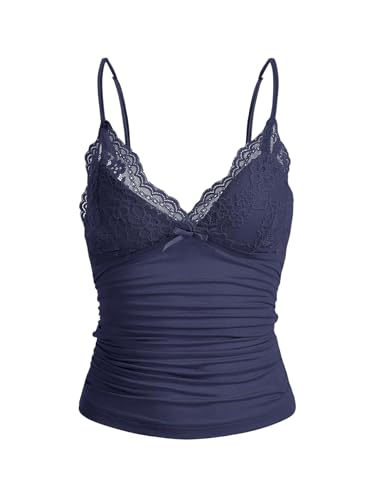 GORGLITTER Damen Y2k Camisole Spaghettiträger Tops Crop Top V-Ausschnitt Oberteil mit Kontrast Spitze Dunkelblau M von GORGLITTER