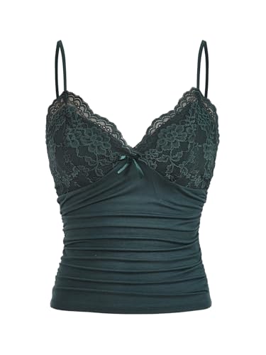 GORGLITTER Damen Y2k Camisole Spaghettiträger Tops Crop Top V-Ausschnitt Oberteil mit Kontrast Spitze Dunkelgrün M von GORGLITTER