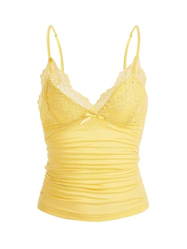 GORGLITTER Damen Y2k Camisole Spaghettiträger Tops Crop Top V-Ausschnitt Oberteil mit Kontrast Spitze Gelb L von GORGLITTER