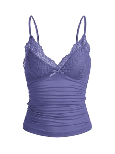 GORGLITTER Damen Y2k Camisole Spaghettiträger Tops Crop Top V-Ausschnitt Oberteil mit Kontrast Spitze Grauviolett XS von GORGLITTER