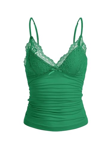 GORGLITTER Damen Y2k Camisole Spaghettiträger Tops Crop Top V-Ausschnitt Oberteil mit Kontrast Spitze Grün M von GORGLITTER