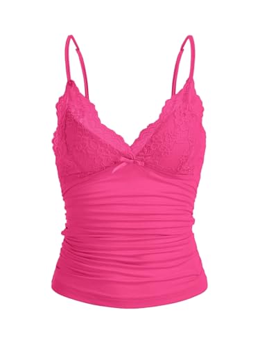 GORGLITTER Damen Y2k Camisole Spaghettiträger Tops Crop Top V-Ausschnitt Oberteil mit Kontrast Spitze Heißes Pink L von GORGLITTER
