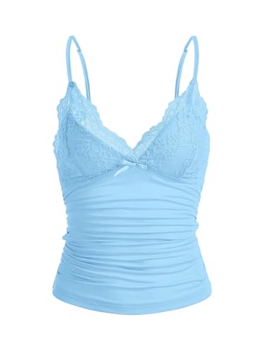 GORGLITTER Damen Y2k Camisole Spaghettiträger Tops Crop Top V-Ausschnitt Oberteil mit Kontrast Spitze Hellblau S von GORGLITTER