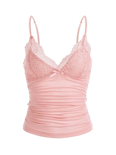 GORGLITTER Damen Y2k Camisole Spaghettiträger Tops Crop Top V-Ausschnitt Oberteil mit Kontrast Spitze Hellrosa XS GORGLITTER Damen Y2k Camisole Spaghettiträger Tops Crop Top V-Ausschnitt Oberteil mit Kontrast Spitze Hellrosa XS von GORGLITTER