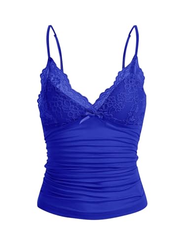 GORGLITTER Damen Y2k Camisole Spaghettiträger Tops Crop Top V-Ausschnitt Oberteil mit Kontrast Spitze Königsblau M von GORGLITTER