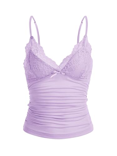 GORGLITTER Damen Y2k Camisole Spaghettiträger Tops Crop Top V-Ausschnitt Oberteil mit Kontrast Spitze Lila XS von GORGLITTER
