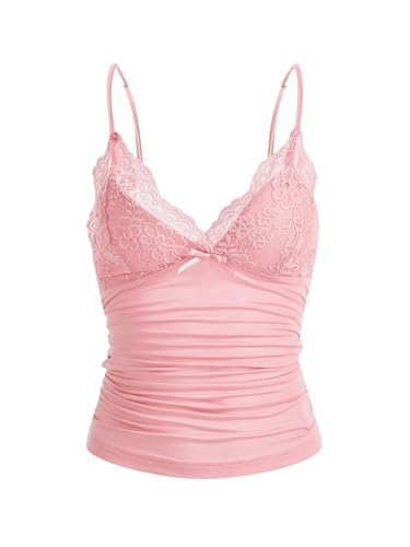 GORGLITTER Damen Y2k Camisole Spaghettiträger Tops Crop Top V-Ausschnitt Oberteil mit Kontrast Spitze Rosa XS von GORGLITTER
