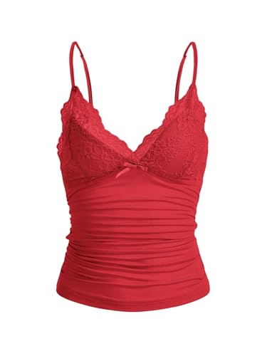 GORGLITTER Damen Y2k Camisole Spaghettiträger Tops Crop Top V-Ausschnitt Oberteil mit Kontrast Spitze Rot M von GORGLITTER