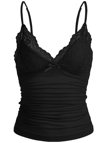GORGLITTER Damen Y2k Camisole Spaghettiträger Tops Crop Top V-Ausschnitt Oberteil mit Kontrast Spitze Schwarz L von GORGLITTER