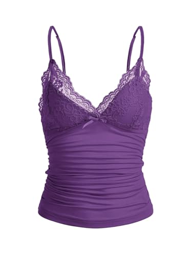 GORGLITTER Damen Y2k Camisole Spaghettiträger Tops Crop Top V-Ausschnitt Oberteil mit Kontrast Spitze Violett XS von GORGLITTER