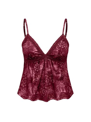 GORGLITTER Damen Y2k Camisole Spaghettiträger Tops Sommer Crop Top Ärmellos Oberteil Casualtop mit Kontrast Spitze Bordeaux XS von GORGLITTER