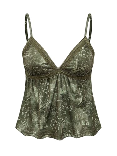 GORGLITTER Damen Y2k Camisole Spaghettiträger Tops Sommer Crop Top Ärmellos Oberteil Casualtop mit Kontrast Spitze Grün M von GORGLITTER