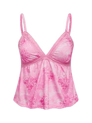 GORGLITTER Damen Y2k Camisole Spaghettiträger Tops Sommer Crop Top Ärmellos Oberteil Casualtop mit Kontrast Spitze Rosa L von GORGLITTER