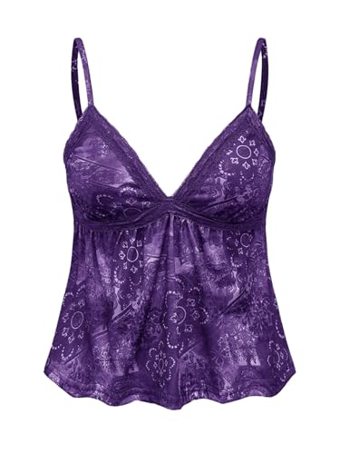 GORGLITTER Damen Y2k Camisole Spaghettiträger Tops Sommer Crop Top Ärmellos Oberteil Casualtop mit Kontrast Spitze Violett XS GORGLITTER Damen Y2k Camisole Spaghettiträger Tops Sommer Crop Top Ärmellos Oberteil Casualtop mit Kontrast Spitze Violett XS von GORGLITTER