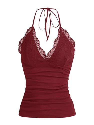 GORGLITTER Damen Y2k Camisole Trägertop Crop Top Neckholder Oberteil Halter Tops mit Kontrast Spitze Bordeaux L von GORGLITTER