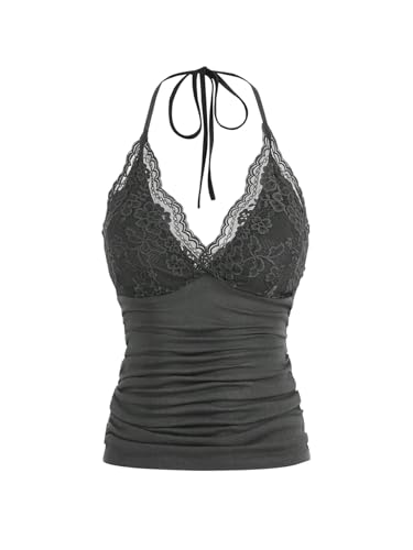 GORGLITTER Damen Y2k Camisole Trägertop Crop Top Neckholder Oberteil Halter Tops mit Kontrast Spitze Dunkelgrau M von GORGLITTER