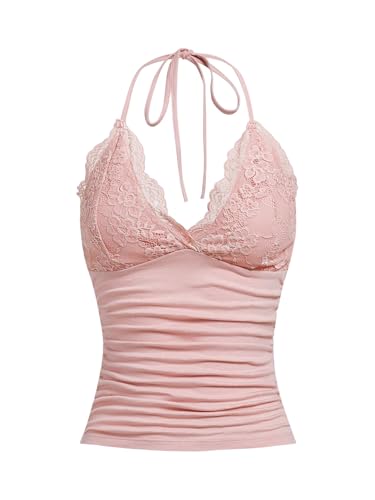 GORGLITTER Damen Y2k Camisole Trägertop Crop Top Neckholder Oberteil Halter Tops mit Kontrast Spitze Grau-Rosa M von GORGLITTER