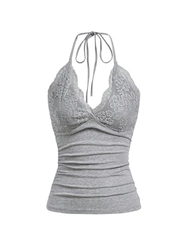 GORGLITTER Damen Y2k Camisole Trägertop Crop Top Neckholder Oberteil Halter Tops mit Kontrast Spitze Grau XS von GORGLITTER