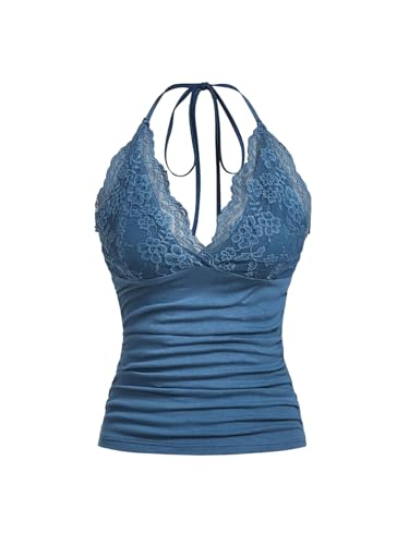 GORGLITTER Damen Y2k Camisole Trägertop Crop Top Neckholder Oberteil Halter Tops mit Kontrast Spitze Graublau M von GORGLITTER