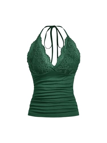 GORGLITTER Damen Y2k Camisole Trägertop Crop Top Neckholder Oberteil Halter Tops mit Kontrast Spitze Grün S von GORGLITTER