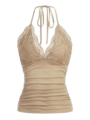 GORGLITTER Damen Y2k Camisole Trägertop Crop Top Neckholder Oberteil Halter Tops mit Kontrast Spitze Khaki S von GORGLITTER