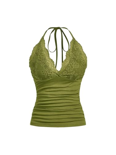 GORGLITTER Damen Y2k Camisole Trägertop Crop Top Neckholder Oberteil Halter Tops mit Kontrast Spitze Olivgrün L von GORGLITTER