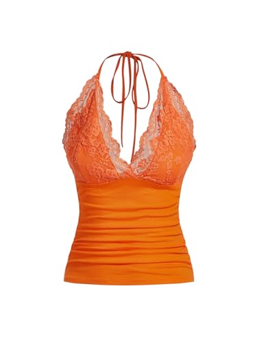 GORGLITTER Damen Y2k Camisole Trägertop Crop Top Neckholder Oberteil Halter Tops mit Kontrast Spitze Orange XS von GORGLITTER