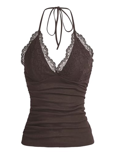 GORGLITTER Damen Y2k Camisole Trägertop Crop Top Neckholder Oberteil Halter Tops mit Kontrast Spitze Schokoladenbraun M von GORGLITTER