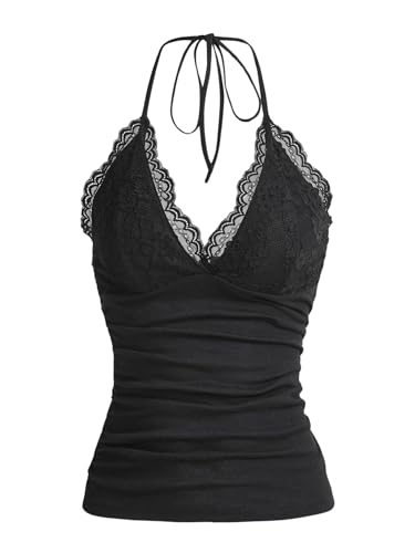 GORGLITTER Damen Y2k Camisole Trägertop Crop Top Neckholder Oberteil Halter Tops mit Kontrast Spitze Schwarz S von GORGLITTER