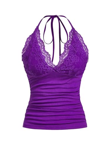 GORGLITTER Damen Y2k Camisole Trägertop Crop Top Neckholder Oberteil Halter Tops mit Kontrast Spitze Violett Lila L GORGLITTER Damen Y2k Camisole Trägertop Crop Top Neckholder Oberteil Halter Tops mit Kontrast Spitze Violett Lila L von GORGLITTER