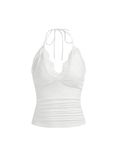 GORGLITTER Damen Y2k Camisole Trägertop Crop Top Neckholder Oberteil Halter Tops mit Kontrast Spitze Weiß M von GORGLITTER