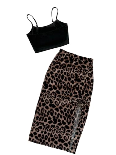 GORGLITTER Damen Zweiteiler Freizeitanzug Leoprden Rock und Spaghettiträger Crop Top Set 2 Teiler Casualanzug Sommer Outfit Leo L von GORGLITTER