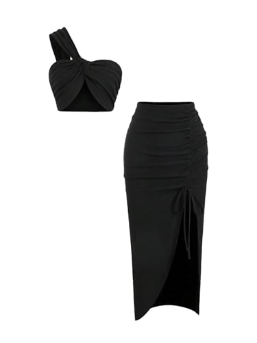 GORGLITTER Damen Zweiteiler Schulterfreies Bauchfreies Trägertop und Hohe Taille Langer Rock mit Schlitz Sommer Freizeitanzug Casualanzug Strand Outfits Schwarz L von GORGLITTER