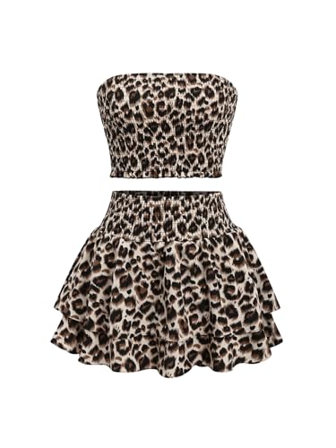 GORGLITTER Damen Zweiteiler Set Leoparden Rock und Schulterfrei Oberteil Y2K Rüschenrock Party Top Freizeitanzug Leo Sommer Outfit Set Aprikosenfarben S von GORGLITTER