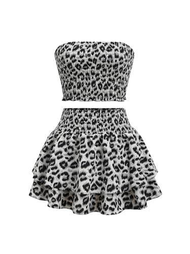 GORGLITTER Damen Zweiteiler Set Leoparden Rock und Schulterfrei Oberteil Y2K Rüschenrock Party Top Freizeitanzug Leo Sommer Outfit Set Hellgrau L von GORGLITTER
