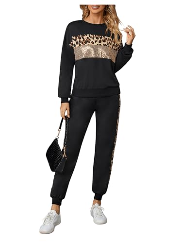 GORGLITTER Damen Zweiteiler Set mit Sweatshirt und Jogginghose mit Leoprint und Pailletten Freizeitanzug Sportanzug für Herbst Winter Trainninganzug Schwarz XS von GORGLITTER