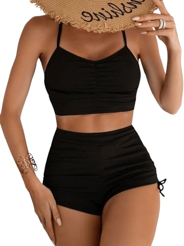 GORGLITTER Damen Zweiteiliger Badeanzug mit Shorts Set Bikini Bademode Bauchkontrolle Tankini Sets Schwarz S von GORGLITTER