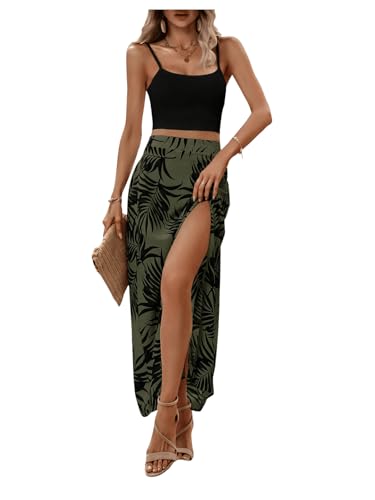 GORGLITTER Damen Zweiteiliger Casualanzug Set mit Camisole Top und Langer Rock Sommer Freizeitanzug Tropisch Urlaub Strand Outfit 2-teiler mit Maxirock und Träger Strandanzug Set Armeegrün L von GORGLITTER