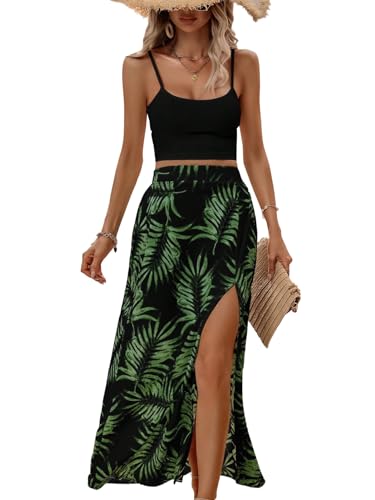 GORGLITTER Damen Zweiteiliger Casualanzug Set mit Camisole Top und Langer Rock Sommer Freizeitanzug Tropisch Urlaub Strand Outfit 2-teiler mit Maxirock und Träger Strandanzug Set Schwarz und Grün L von GORGLITTER